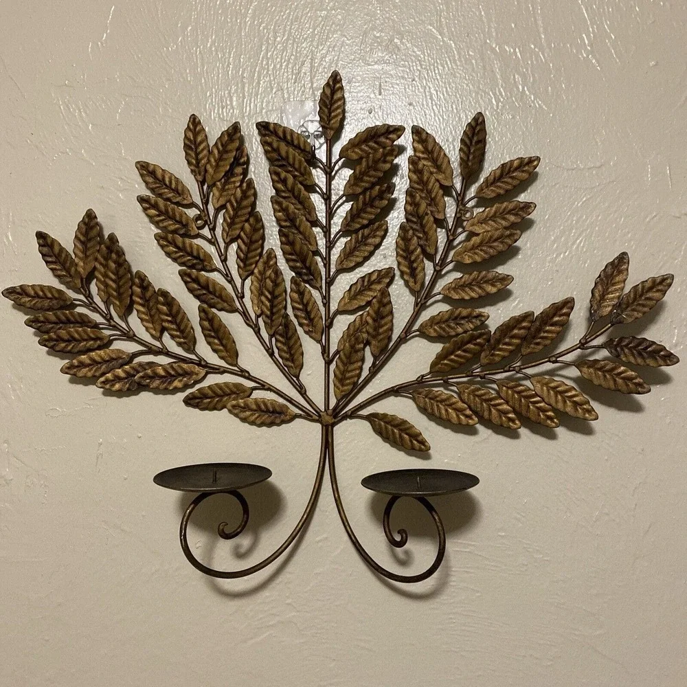 MCM Gilt Metal Leaves Double Candle Holder Wall Sconce Hollywood Regency Retro